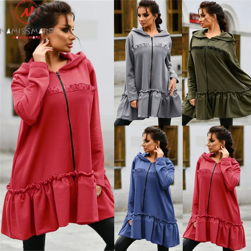 Fashion Women Solid Color Hoodies Hooded Design Zipper Ruffles Decor O-Neck Long Sleeve Autumn Winter Casual Loose Pullovers Top
Fashion Women Solid Color Hoodies Hooded Design Zipper Ruffles Decor O-Neck Long Sleeve Autumn Winter Casual Loose Pullovers Top