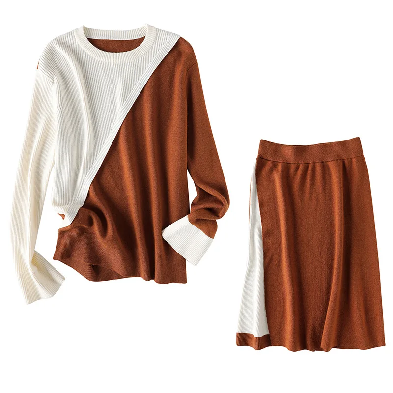 Женский трикотажный комплект из 2 предметов, элегантный вязаный пуловер и облегающая юбка в стиле пэчворк, Осень-зима 2021 
Женский трикотажный комплект из 2 предметов, элегантный вязаный пуловер и облегающая юбка в стиле пэчворк, Осень-зима 2021