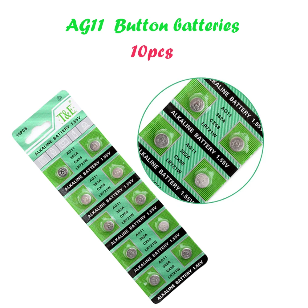 AG11 10Pcs / pack 20mAh AG 11 362 LR721 Button Batteries For Watch Toys Remote 162 SR721 Cell Coin Alkaline Battery 1.55V 
AG11 10Pcs / pack 20mAh AG 11 362 LR721 Button Batteries For Watch Toys Remote 162 SR721 Cell Coin Alkaline Battery 1.55V