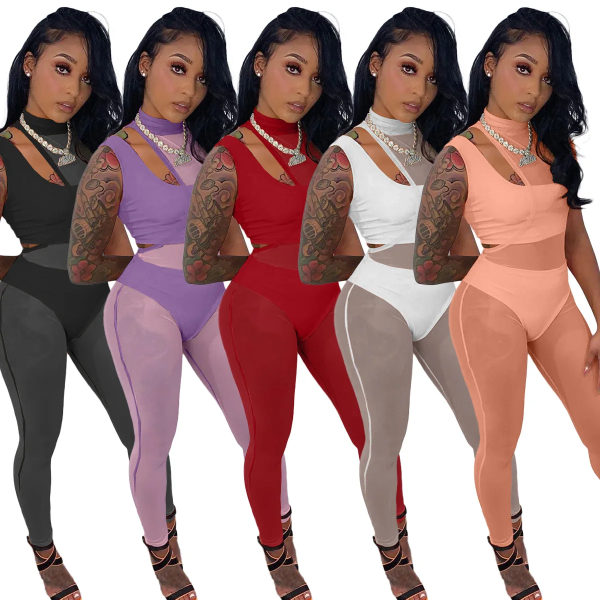 

Sexy Solid Sheer Mesh Ribbed Three Piece Set Skew Collar Tank One Shoulder Bodysuit Pencil Pants Tracksuit Casual Tracksuit 2021