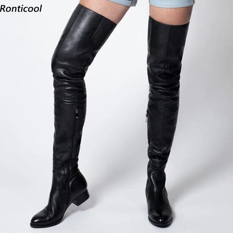 

Ronticool Wide Calf Customize Women Winter Thigh Boots Side Zipper Flat With Heels Round Toe Black Casual Shoes US Size 5-20