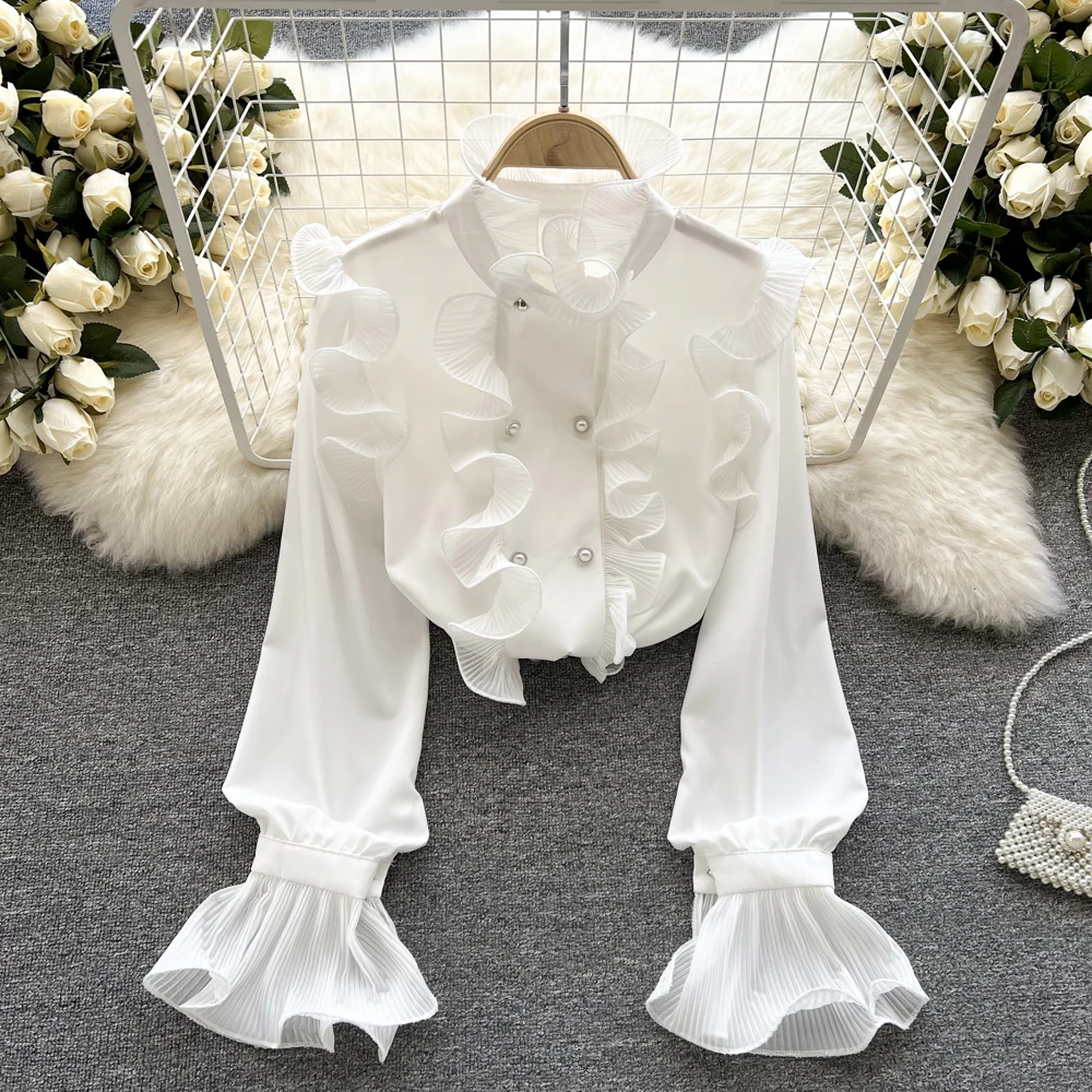 C351 Women's New Fashion Autumn Court Retro Double Breasted Shirt Ruffle Long Flare Sleeve Blouse Elegant Tops Mujer
C351 Women's New Fashion Autumn Court Retro Double Breasted Shirt Ruffle Long Flare Sleeve Blouse Elegant Tops Mujer