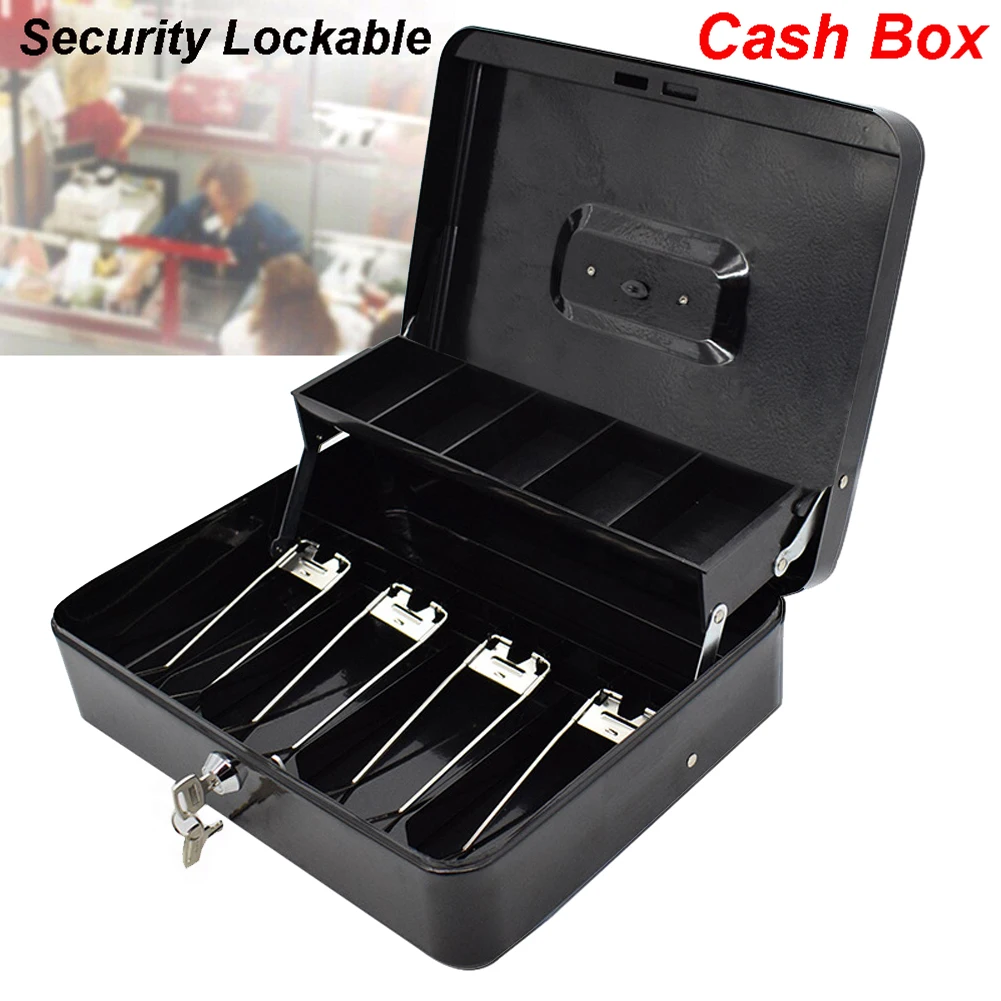 Portable safe cash box with key tray and layered drawers for safe storage of cash, coins, keys or checks
Portable safe cash box with key tray and layered drawers for safe storage of cash, coins, keys or checks