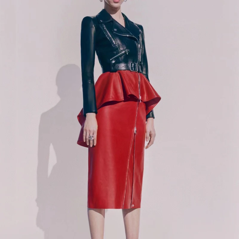 Women's Coat Spring Red Dress Design 2021 New Fashion Genuine Leather Jacket Joining Together Turn-Down Collar Overcoat | Женская