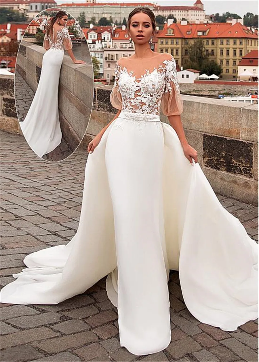 Jewel Neckline Bridal Dresses Sheer Bodice 2 In 1 Wedding Dress Lace Appliques Detachable Skirt Half Sleeves Vestido De Noiva
Jewel Neckline Bridal Dresses Sheer Bodice 2 In 1 Wedding Dress Lace Appliques Detachable Skirt Half Sleeves Vestido De Noiva