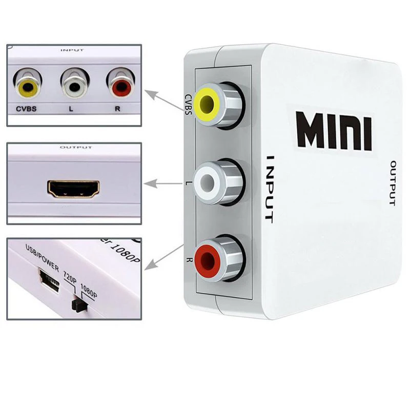 Композитный AV видеоадаптер MINI HDMI-совместим с 3RCA CVBS для ТВ PS3 VHS VCR DVD черный |