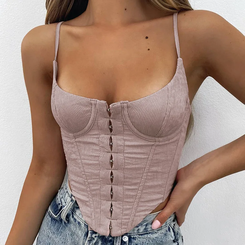 2021 Summer Camisole Crop Top Sexy Ladies Tank Tops Short Halter Casual Corset Low-Cut Metal Buckle Camisole Solid Color Women 
2021 Summer Camisole Crop Top Sexy Ladies Tank Tops Short Halter Casual Corset Low-Cut Metal Buckle Camisole Solid Color Women