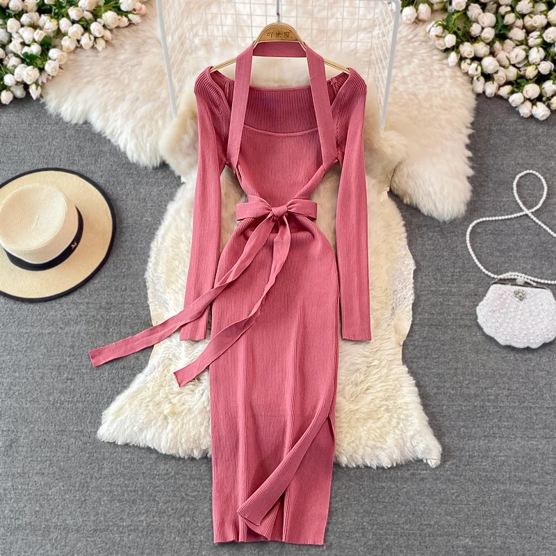 Spring and Autumn Korean Style Elegant Halter off-Shoulder Square Collar Slimming Mid-Length Hip Knitwear Bottoming Dress
Spring and Autumn Korean Style Elegant Halter off-Shoulder Square Collar Slimming Mid-Length Hip Knitwear Bottoming Dress