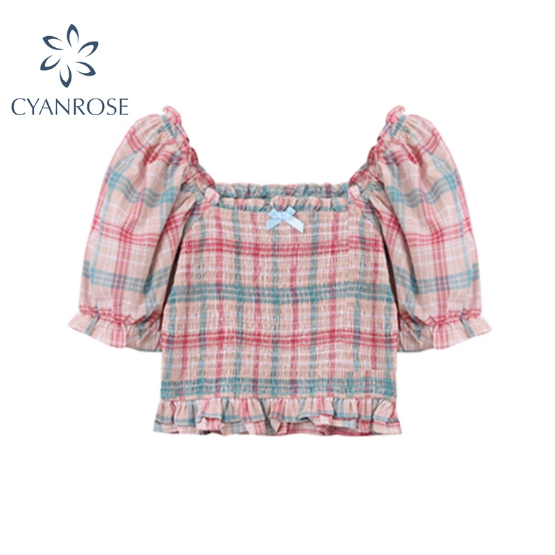 Korean Sweet Retro Crop Blouse Women Summer 2021 French Square Collar Puff Sleeve Slim Pink Plaid Pleated Shirt Or Tops Female
Korean Sweet Retro Crop Blouse Women Summer 2021 French Square Collar Puff Sleeve Slim Pink Plaid Pleated Shirt Or Tops Female