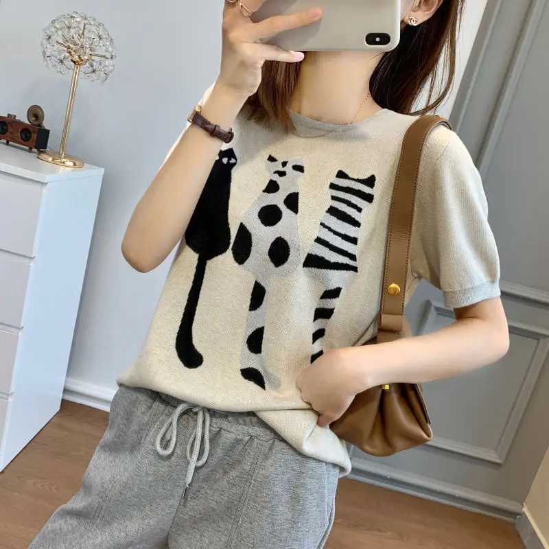 2021 New Jacquard Cat Retro Lazy Loose Knitted Short-sleeved T-shirt Women Harajuku Graphic Tees
2021 New Jacquard Cat Retro Lazy Loose Knitted Short-sleeved T-shirt Women Harajuku Graphic Tees