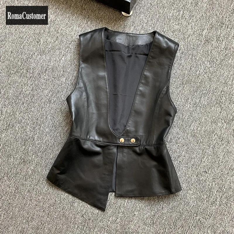 Autumn New Womens Elegant Casual Vest Jackets V-Neck Double Breasted Slim Sleeveless Female Sheepskin Genuine Leather Vest
Autumn New Womens Elegant Casual Vest Jackets V-Neck Double Breasted Slim Sleeveless Female Sheepskin Genuine Leather Vest