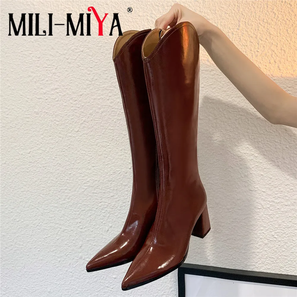 MILI-MIYA Fashion Pointed Toe Women Full Genuine Leather Knee High Boots Thick Heels Zippers High Quality Street Shoes For Ladie 
MILI-MIYA Fashion Pointed Toe Women Full Genuine Leather Knee High Boots Thick Heels Zippers High Quality Street Shoes For Ladie