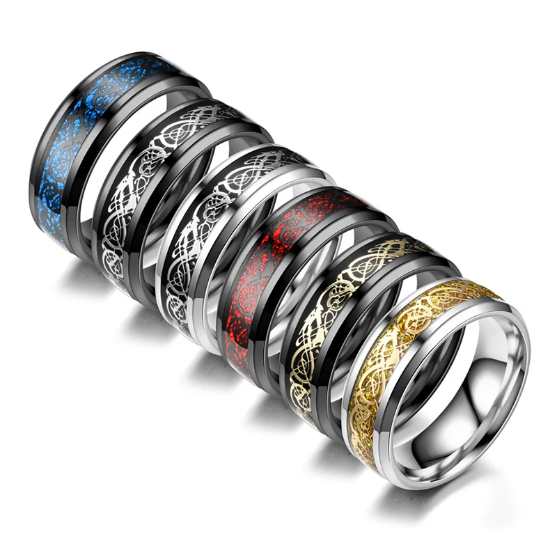 8 Colors 8mm Men's Stainless Steel Dragon Ring Inlay Red Green Black Carbon Fiber Ring Wedding Band Jewelry Size 6-13 
8 Colors 8mm Men's Stainless Steel Dragon Ring Inlay Red Green Black Carbon Fiber Ring Wedding Band Jewelry Size 6-13