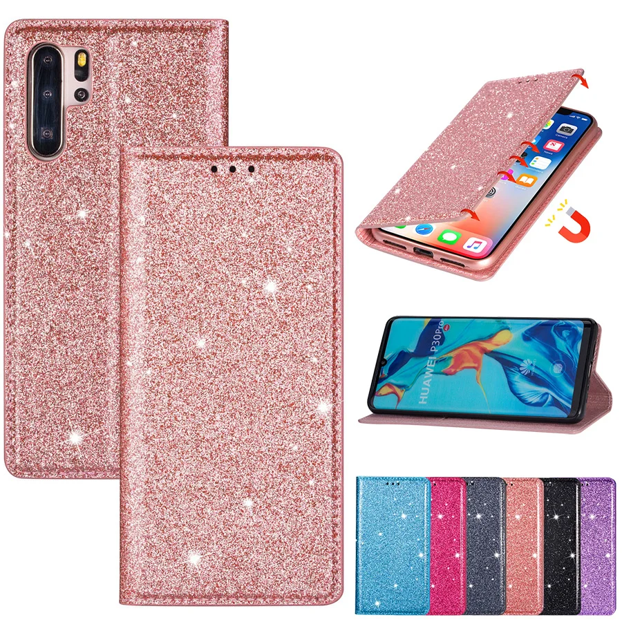 

Luxury Bling Glitter Case For Huawei P40 P30 P20 Mate 30 20 10 Lite Pro P Smart 2019 Y7 Y6 2019 Slim Leather Wallet Flip Cover