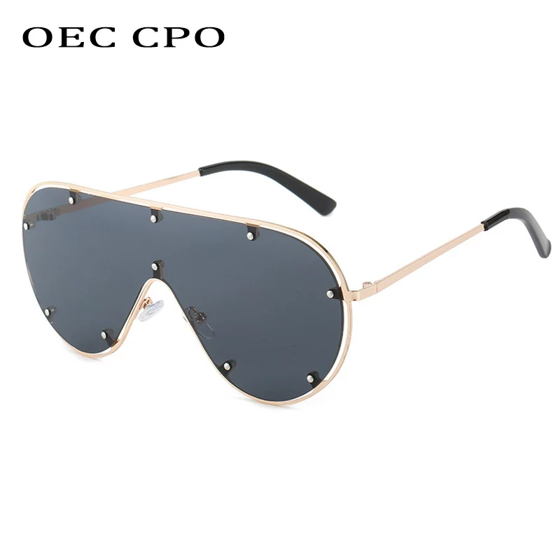 

OEC CPO Oversized Rimless Sunglasses Women Fashion Rivets One Piece Lens Sun Glasses Female Vintage Shades Goggles Eyewear UV400