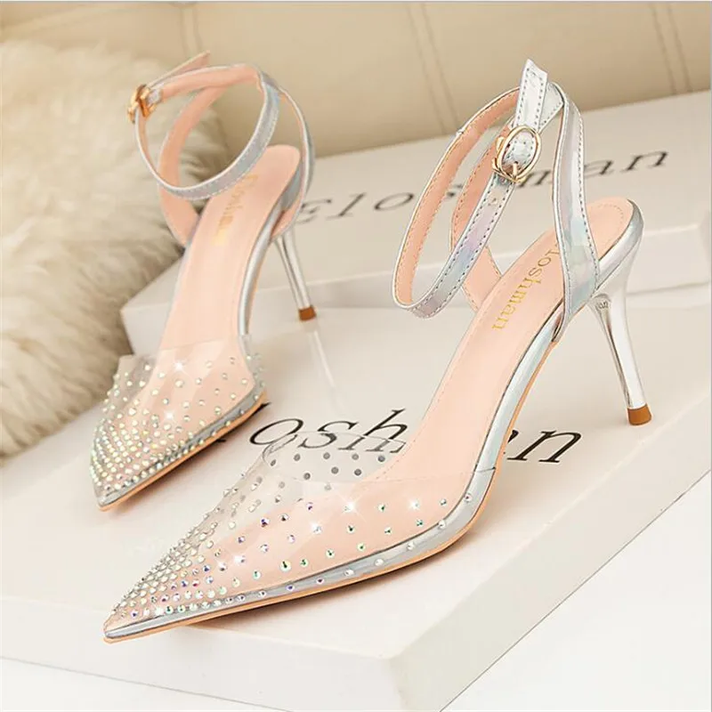 Fashion Rhinestone PVC transparent Pumps shoes stilettos high heels Sandals Women Pointed toe Party silver Wedding shoes 
Fashion Rhinestone PVC transparent Pumps shoes stilettos high heels Sandals Women Pointed toe Party silver Wedding shoes