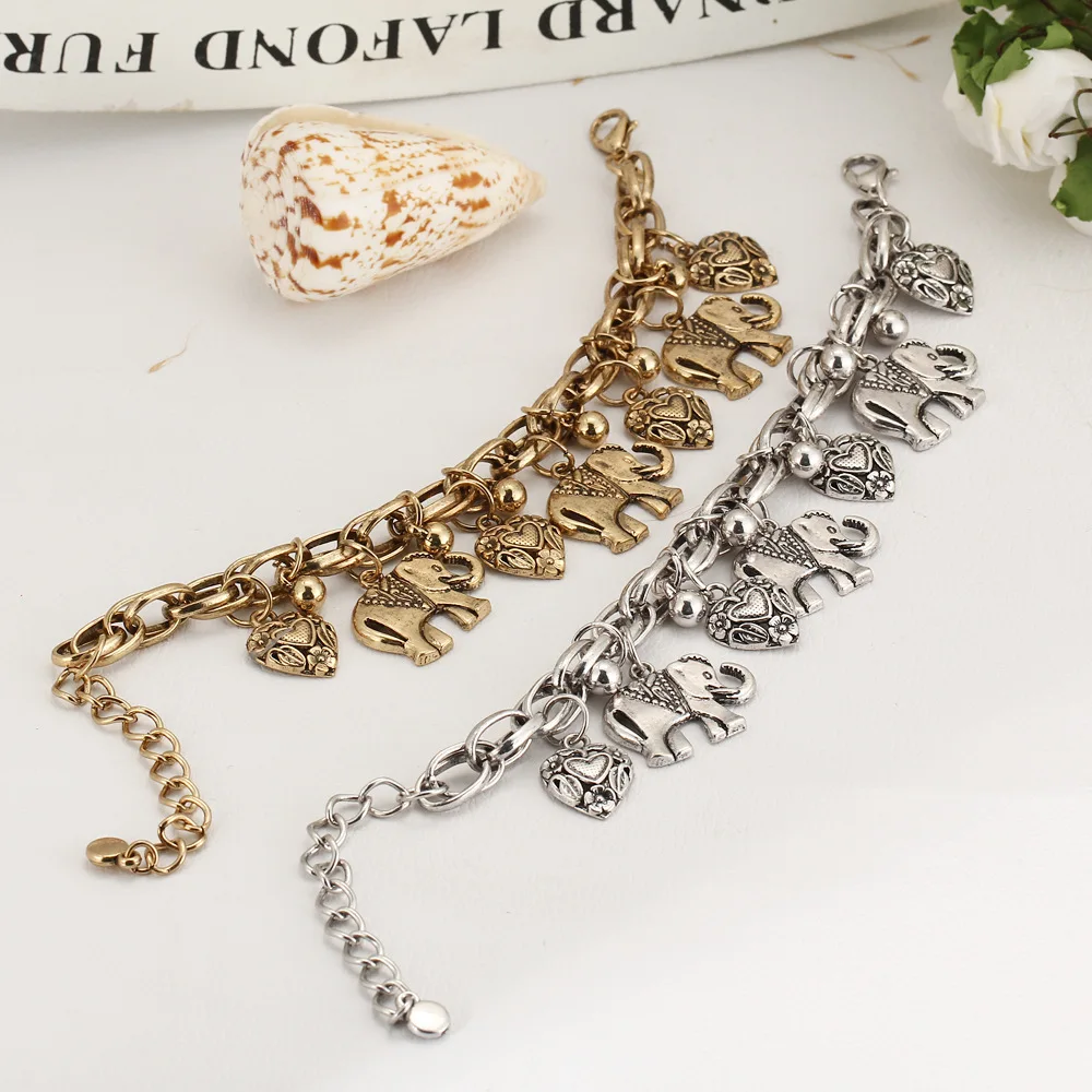 

2022 Trend Personality Jewelry New Fashion Retro Carved Elephant Anklet Heart Bracelet Alloy Gold Silver Anklet Bracelet Gift