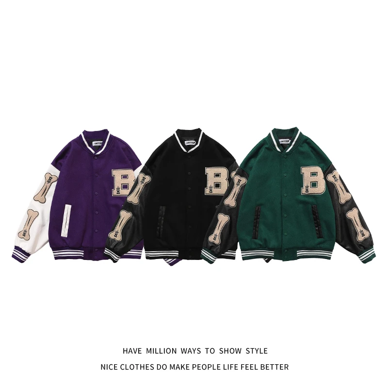 New Fashion Bone Embroid PU leather Sleeve Men's Baseball Bomber Jacket Unisex Women's Boyfriend Style Varsity letter Coat 2021
New Fashion Bone Embroid PU leather Sleeve Men's Baseball Bomber Jacket Unisex Women's Boyfriend Style Varsity letter Coat 2021