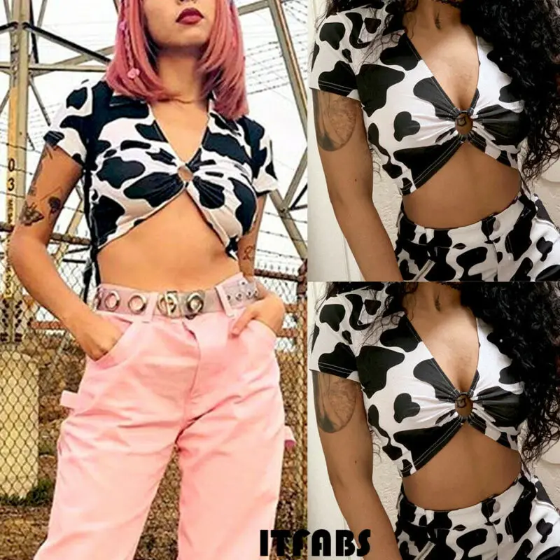 2019 Women Turn-down V-neck Short Sleeve Cow Pattern Top T-shirt Blouse UK |