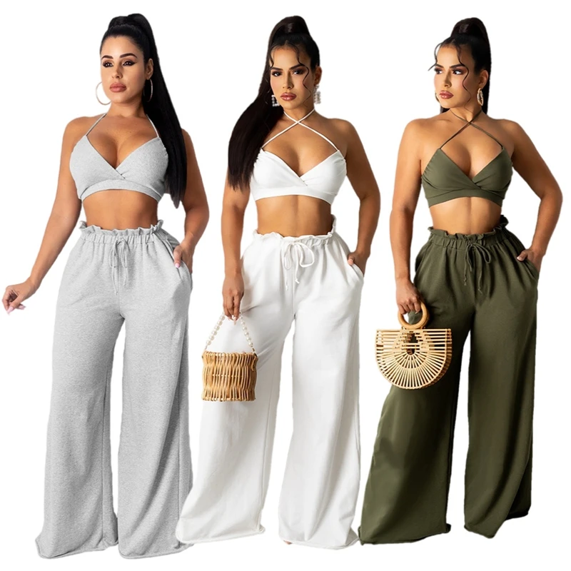 2021Casual Women Two 2pcs Tracksuits Solid V Neck Halter Top+Loose Long Straight Drawstring Trousers Fashion Street Matching Set
2021Casual Women Two 2pcs Tracksuits Solid V Neck Halter Top+Loose Long Straight Drawstring Trousers Fashion Street Matching Set