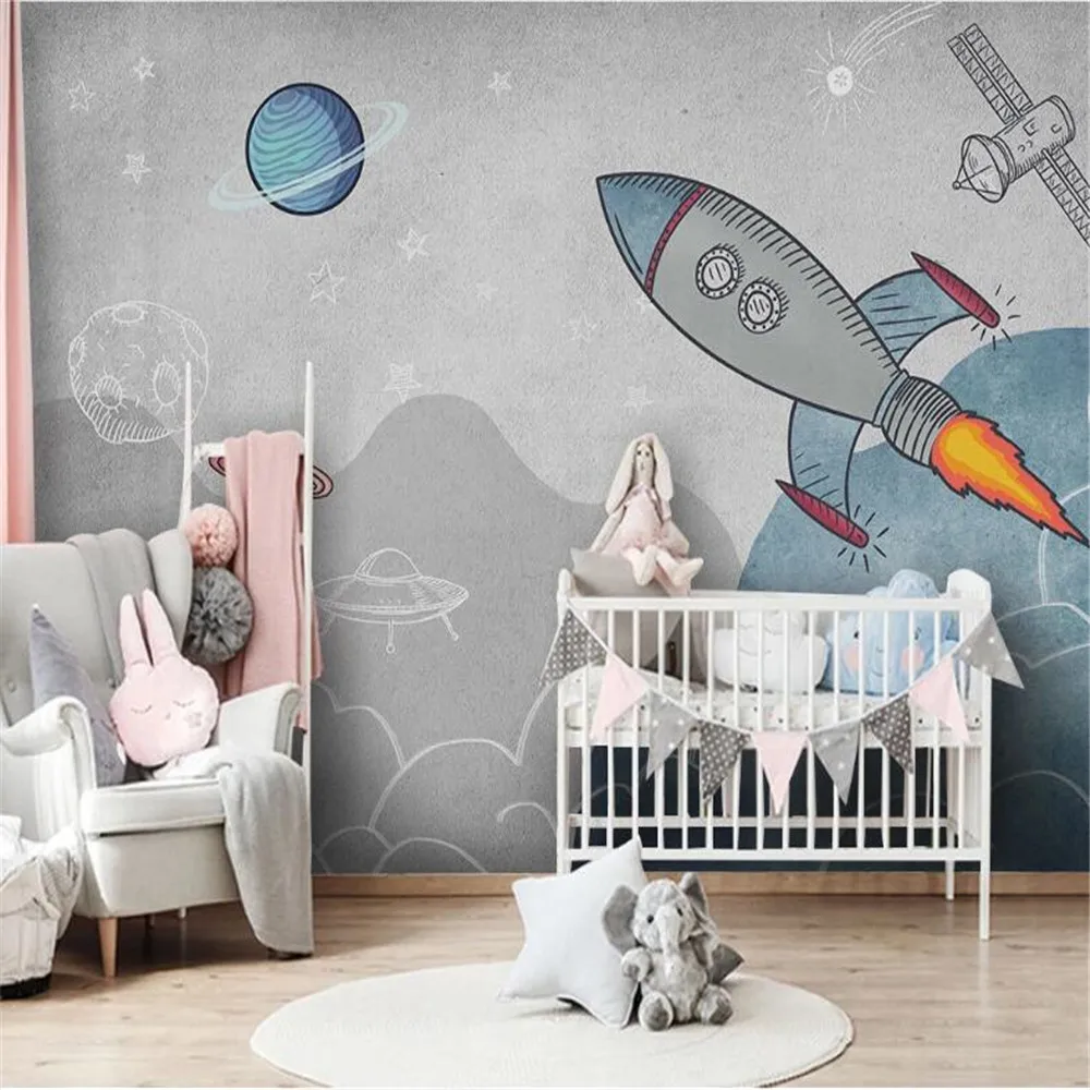 

Milofi personnalisé grand papier peint mural moderne minimaliste peint à la main chambre d'enfants étoiles de fusée chambre dess