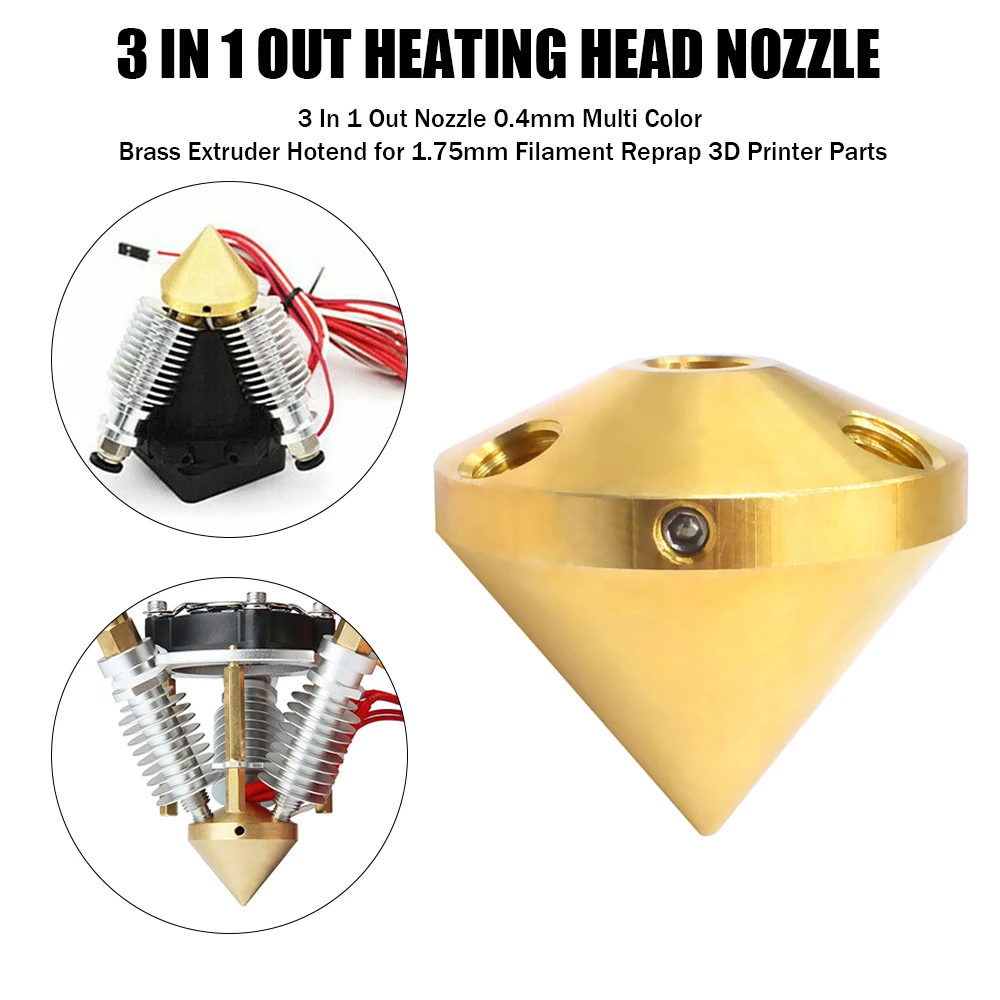3 In 1 Out Nozzle 0.4mm Multi Color Brass Extruder Hotend for 1.75mm Filament Reprap 3D Printer Parts
3 In 1 Out Nozzle 0.4mm Multi Color Brass Extruder Hotend for 1.75mm Filament Reprap 3D Printer Parts