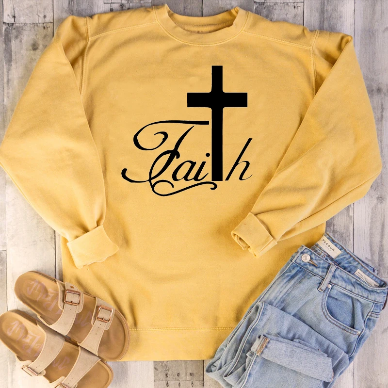 

Faith Jesus cross graphic women fashion unisex religion Christian Bible baptism pure cotton sweatshirt quote pullovers gift tops