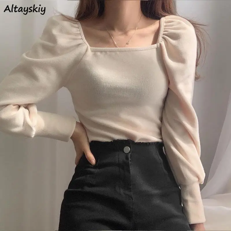 T-shirts Women Sweet Retro Gentle Square Collar Lantern Long Sleeve Fashion Solid Elegant All-match Simple Streetwear Students 
T-shirts Women Sweet Retro Gentle Square Collar Lantern Long Sleeve Fashion Solid Elegant All-match Simple Streetwear Students