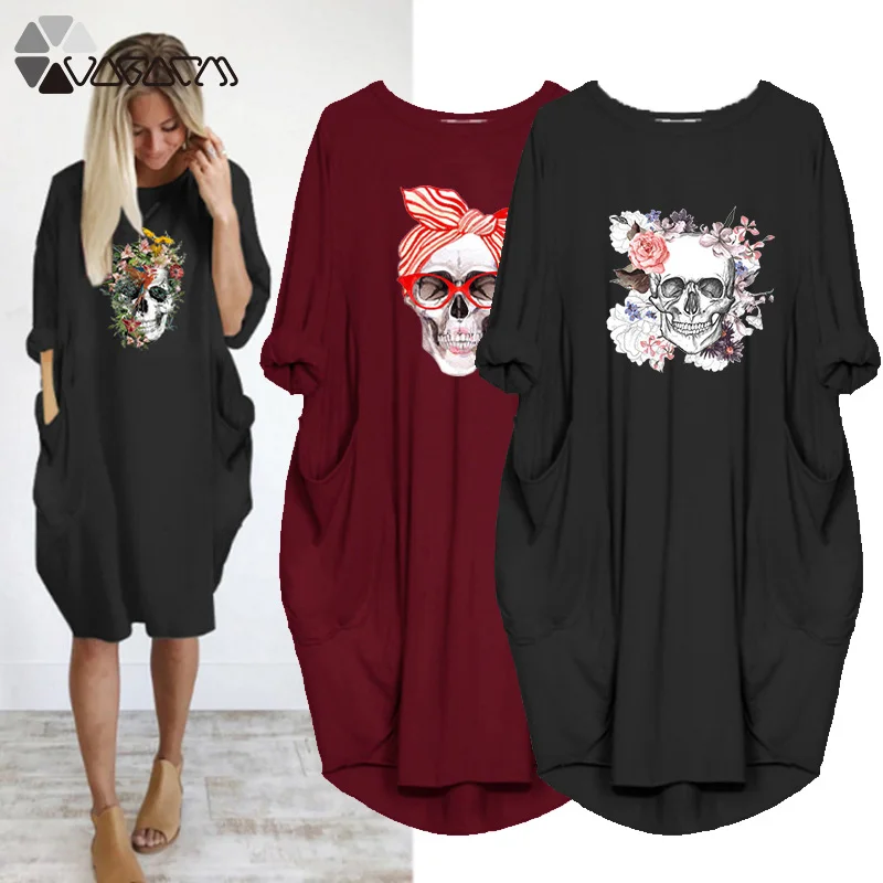 Women's Dress Skull Print Long Sleeve O Collar Pocket Loose Casual Female Dresses Vintage Vestidos Robes Femme
Women's Dress Skull Print Long Sleeve O Collar Pocket Loose Casual Female Dresses Vintage Vestidos Robes Femme