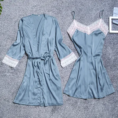 New summer ladies sexy thin silk stitching lace suspender pajamas nightgown ice silk temperament two-piece lace home service 
New summer ladies sexy thin silk stitching lace suspender pajamas nightgown ice silk temperament two-piece lace home service