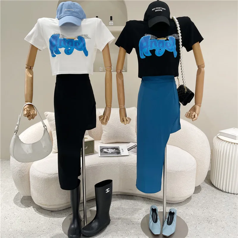 Women Clothing Summer Niche Design Fashion Design Sense Short Sleeve Versatile Short T-shirt + Irregular High Waist Skirt Set 
Women Clothing Summer Niche Design Fashion Design Sense Short Sleeve Versatile Short T-shirt + Irregular High Waist Skirt Set