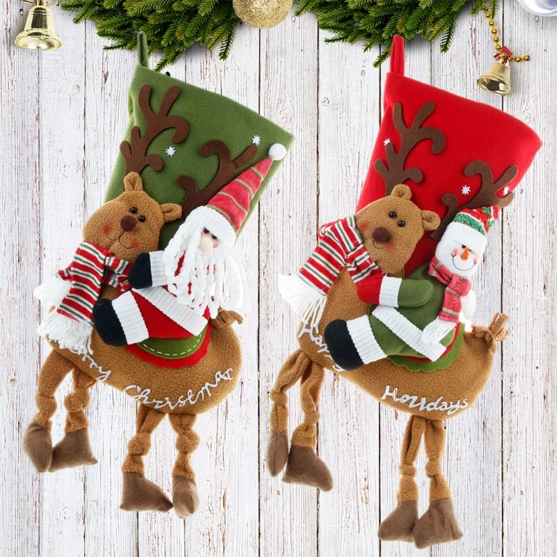 

X7AB Santa/Snowman Riding an Elk Christmas Stockings Candy Bag Xmas Elf Santa Snowman Doll Element Stocking for Family Indoor