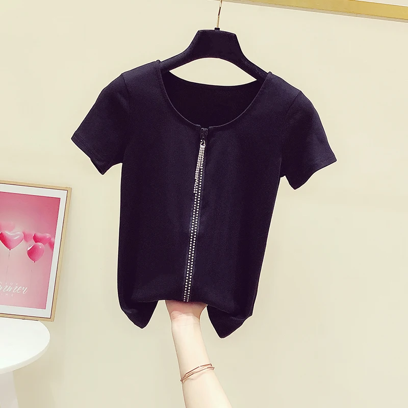 Diamond Zipped Short-Sleeved T-shirt for Women Tees 2021 Summer New Casual Solid Color Tops Fashion Slim T-shirts Ladies Tshirt
Diamond Zipped Short-Sleeved T-shirt for Women Tees 2021 Summer New Casual Solid Color Tops Fashion Slim T-shirts Ladies Tshirt