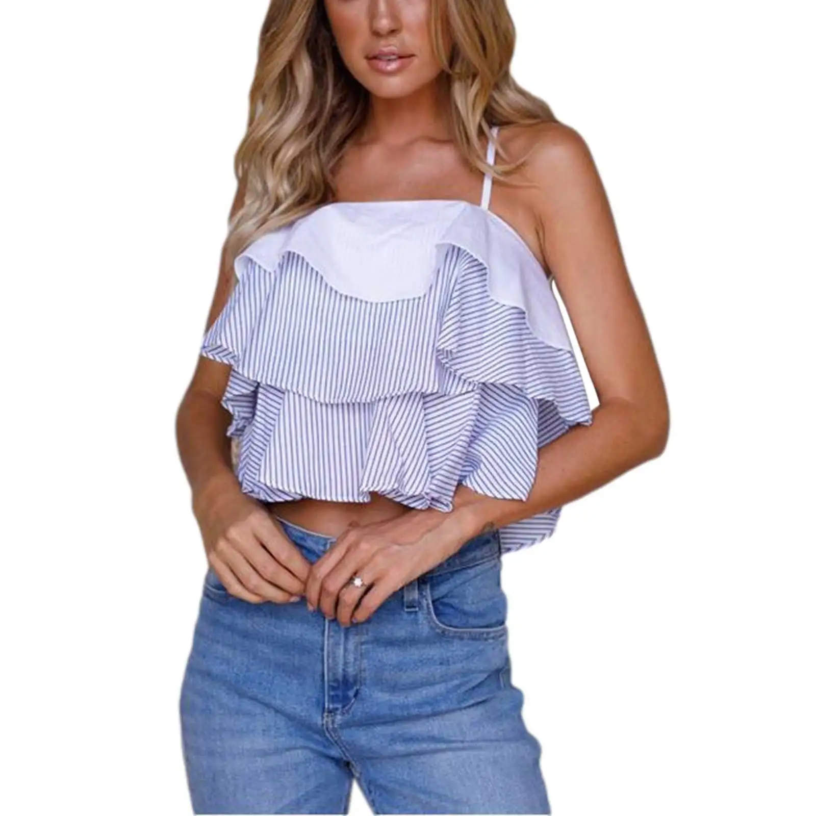 

Women’s Fashion Stripe Camisole Sexy Boat Neck Backless Exposed Navel Layered Suspender Tops Cropped Camis Top