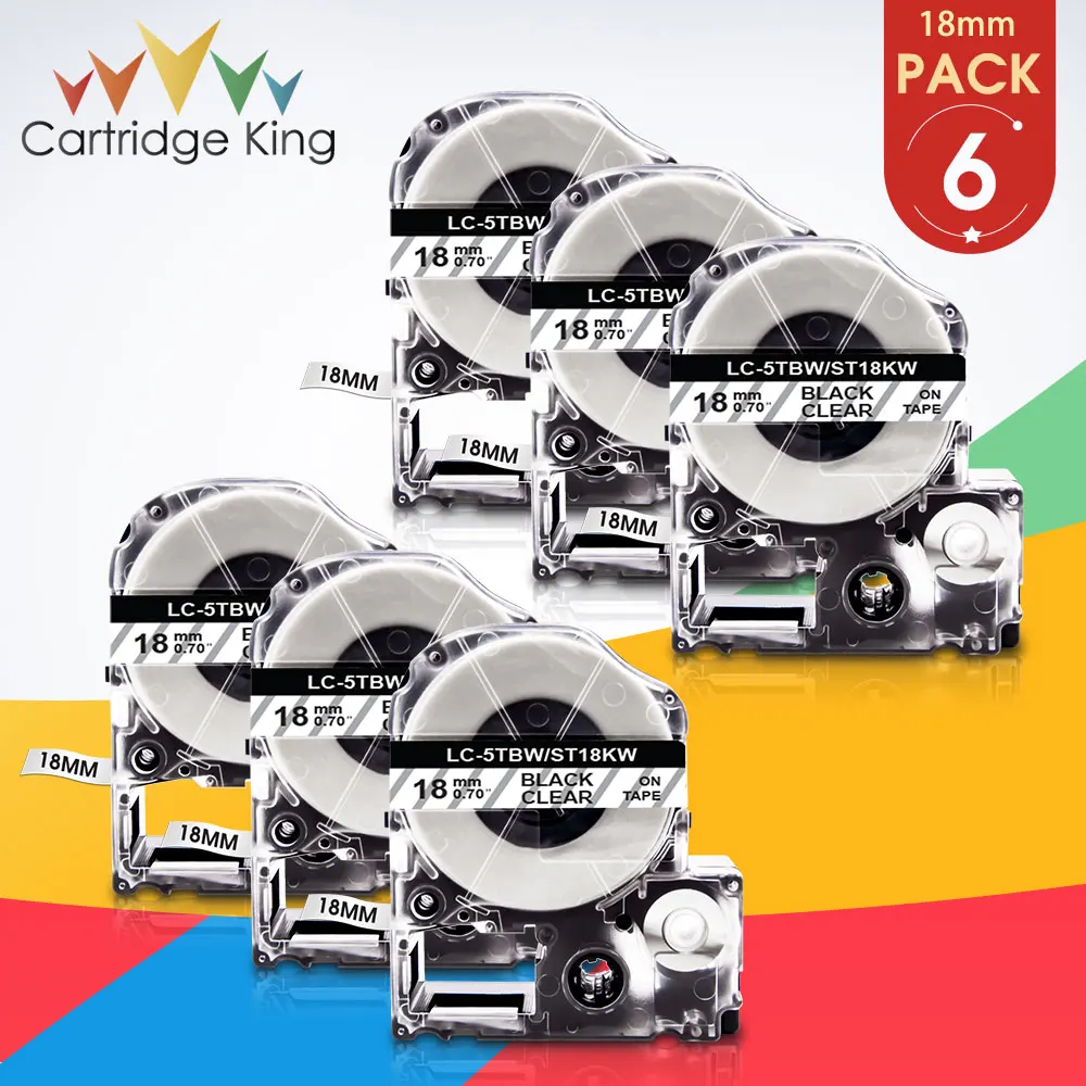 6PK for Epson ST18KW LC-5TBN Black on Clear 18mm for Tepra PRO King Jim LW-400 LW-500 LW-600P LW-K400 LW-400 LW-500 W-600P Maker
6PK for Epson ST18KW LC-5TBN Black on Clear 18mm for Tepra PRO King Jim LW-400 LW-500 LW-600P LW-K400 LW-400 LW-500 W-600P Maker