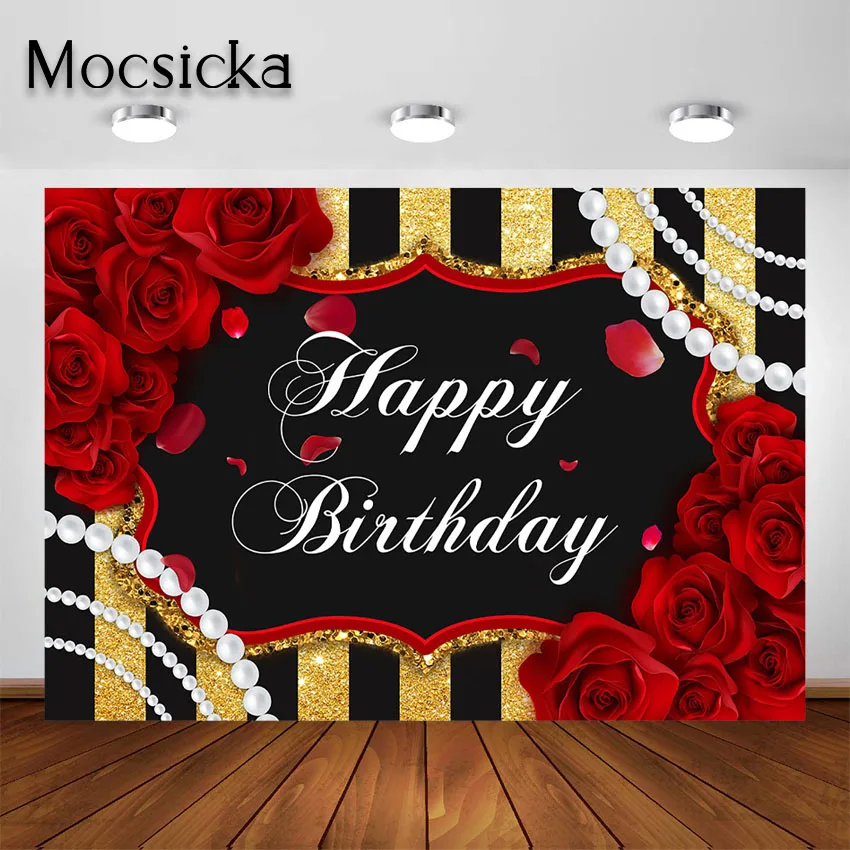 Mocsicka Red Rose Happy Birthday Backdrop Girls Woman Bday Party Roses Floral Pearl Black and Gold Stripes Decoration Background
Mocsicka Red Rose Happy Birthday Backdrop Girls Woman Bday Party Roses Floral Pearl Black and Gold Stripes Decoration Background
