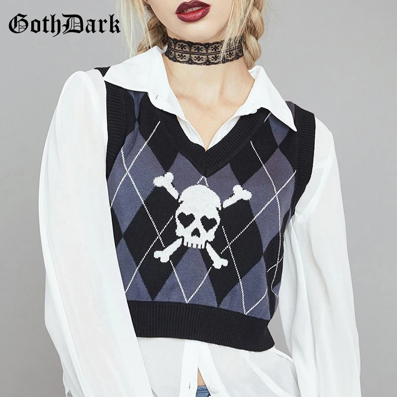 

Goth Dark Skull Printed Gothic Women Sweater Vests Grunge Punk Aesthetic Argyle Knitted Winter Cropped Tops Emo Fall Alt Clothes