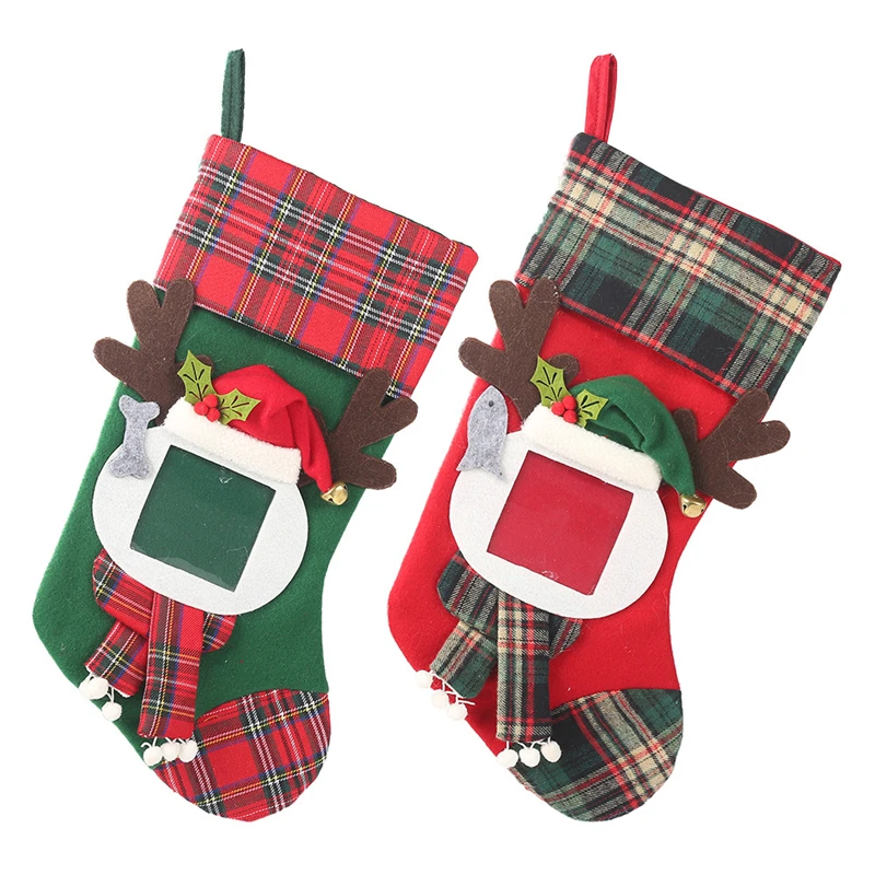 

2019 Xmas Transparent Photo Frames Plaid Christmas Socks Children's Gift Bag Christmas Decorations for home Candy Bags Stockings