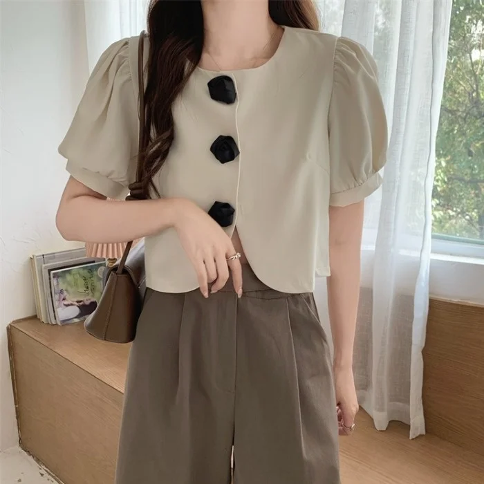 Summer Rose Button Shirt Women Korean Style Short Bubble Sleeve Top Femme Fashion Elegant Office Wear Tops
Summer Rose Button Shirt Women Korean Style Short Bubble Sleeve Top Femme Fashion Elegant Office Wear Tops