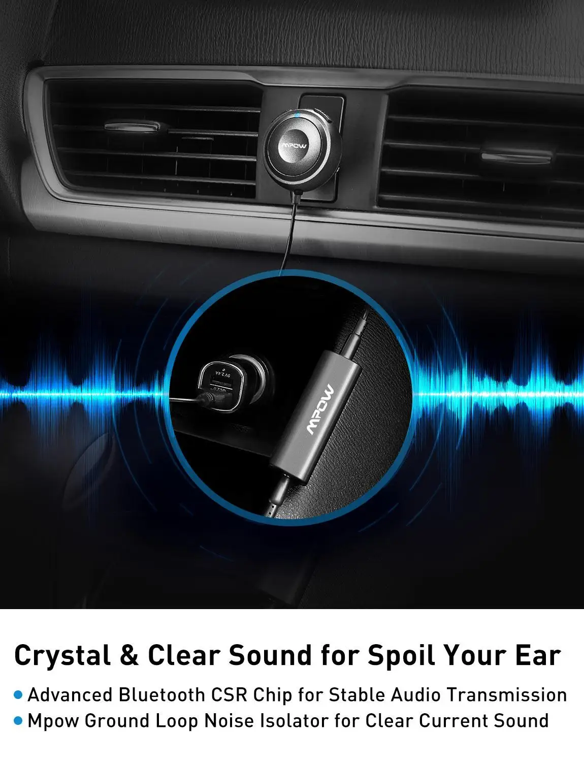 Mpow MBR2 Bluetooth Car Kit Wireless Stereo Audio Music Receiver Hands-Free Calling Car Auto Charger with Loop Noise Isolator
Mpow MBR2 Bluetooth Car Kit Wireless Stereo Audio Music Receiver Hands-Free Calling Car Auto Charger with Loop Noise Isolator