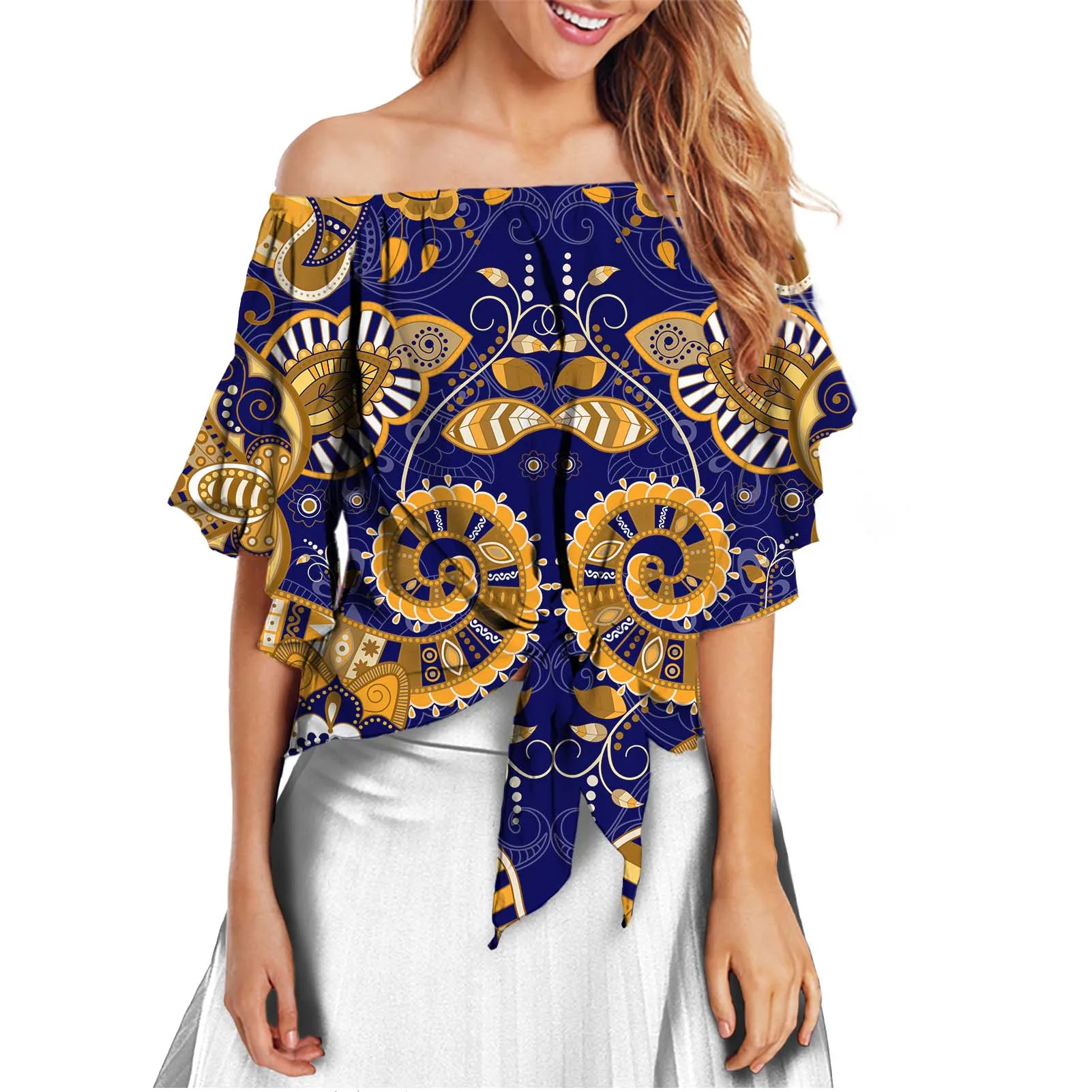 

HYCOOL Latest Casual African Tribal Tattoo Design Navy Women Clothing Flare Sleeve Top Sexy Slash Neck Summer Super Short Blouse