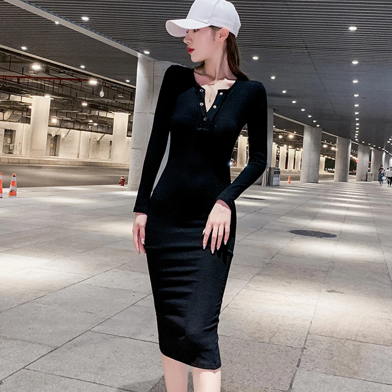 Sexy Slim Bottoming Mid Length Dress Autumn Temperament Long Sleeved Black Bag Hip Dresses Women
Sexy Slim Bottoming Mid Length Dress Autumn Temperament Long Sleeved Black Bag Hip Dresses Women