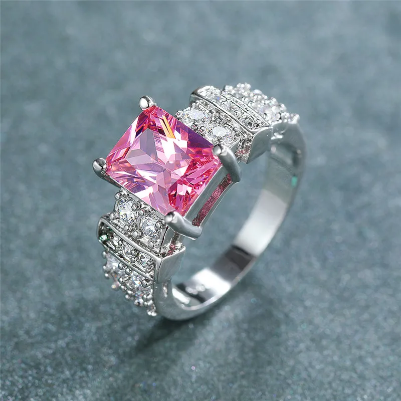 Dainty Female Pink Crystal Stone Ring Trendy Zircon Silver Color Wedding Rings For Women Cute Bridal Square Engagement Ring
Dainty Female Pink Crystal Stone Ring Trendy Zircon Silver Color Wedding Rings For Women Cute Bridal Square Engagement Ring