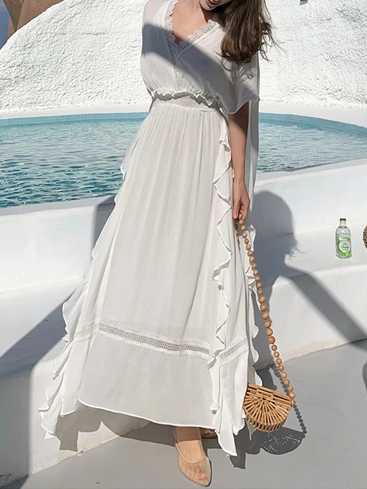 White Embroidery Backless Beach dress Women 2021 New Summer Flounced edge Loose Fairy Dress V-Neck Bohemian Chiffon dress Long
White Embroidery Backless Beach dress Women 2021 New Summer Flounced edge Loose Fairy Dress V-Neck Bohemian Chiffon dress Long