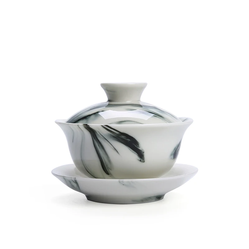 

Hand-painted White Porcelain Covered Bowl Teacup Ink Series Kung Fu Tea Set Ceramic Ancient Large Sancai Bowl NO.YZ76
