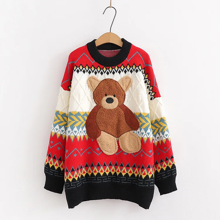 Patch bear sweater women's cartoon loose student outer wear knit sweater top wool sweater winter 2021 
Patch bear sweater women's cartoon loose student outer wear knit sweater top wool sweater winter 2021