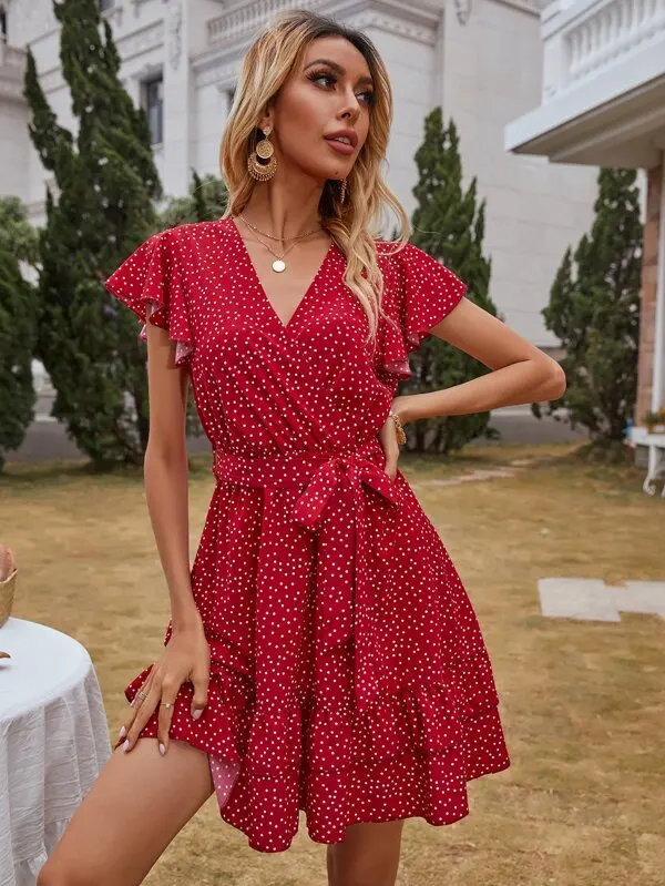 Women Fashion V-neck Polka Dot Dress Stylish Short Sleeve Lace-up Dress for Ladies Female
Women Fashion V-neck Polka Dot Dress Stylish Short Sleeve Lace-up Dress for Ladies Female