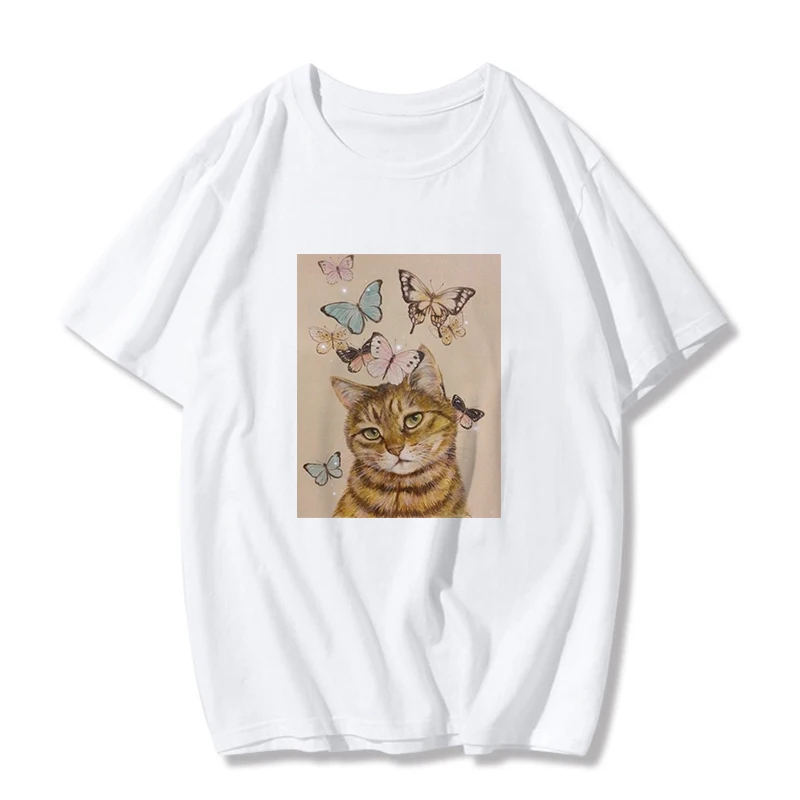 

Футболка женская с принтом забавного кота, свободная рубашка в стиле Харадзюку, модная повседневная, с красивым принтом бабочки, на лето