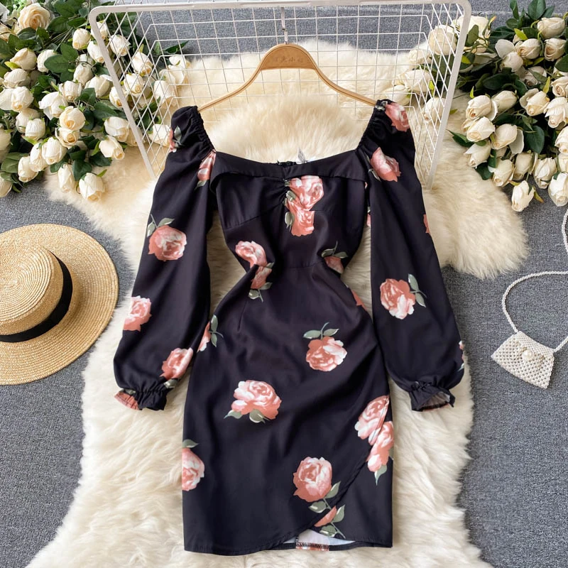 Vintage Black Flower Printted Square Collar Puff Sleeve SlimBodycon Mini Dresses for Women 2021 Autumn New
Vintage Black Flower Printted Square Collar Puff Sleeve SlimBodycon Mini Dresses for Women 2021 Autumn New
