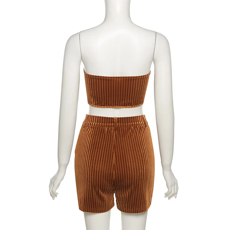 Zipper Women 2 Piece Summer Clothes Set Casual Bodycon Two Piece Wrap Chest Crop Top And Shorts Bandage Party Set